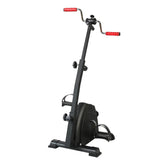 Black exercise bike for elderly with red handles on a white background