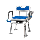Blue and gray adjustable shower chair with backrest on a white background