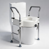 Adjustable 4.5-inch raised toilet seat with padded arms, locking system, and four support legs
