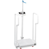 USB rechargeable medical scale with dual handrails, telescopic height rod, digital display, and non-slip weighing platform