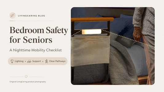 Senior bedroom safety setup with bed safety rail and motion sensor night light