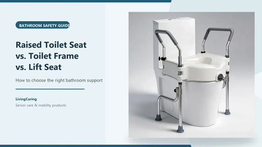 Raised toilet seat with arms on a toilet for bathroom safety support