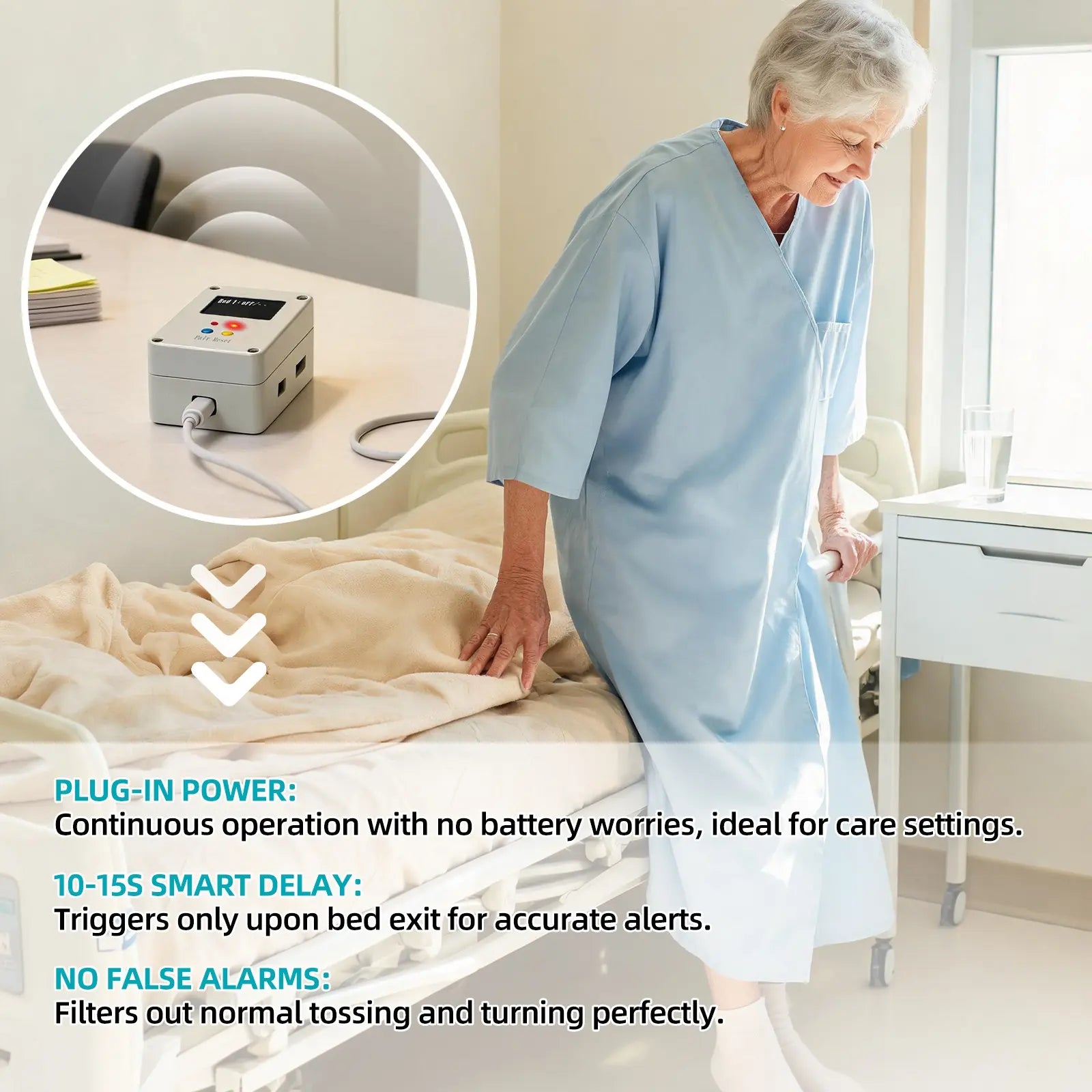 Plug-in bed exit monitor with 10-to-15-second smart delay for caregiver alerts