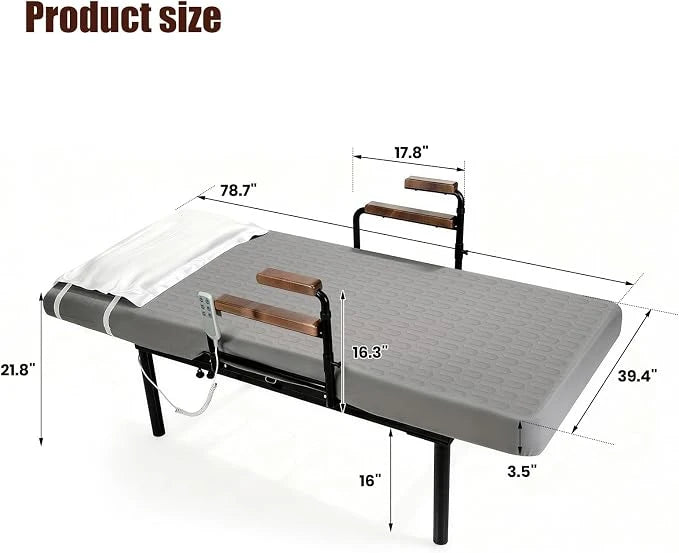 Product size diagram of the electric adjustable floor bed with overall dimensions and rail measurements.