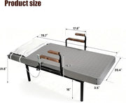 Product size diagram of the electric adjustable floor bed with overall dimensions and rail measurements.