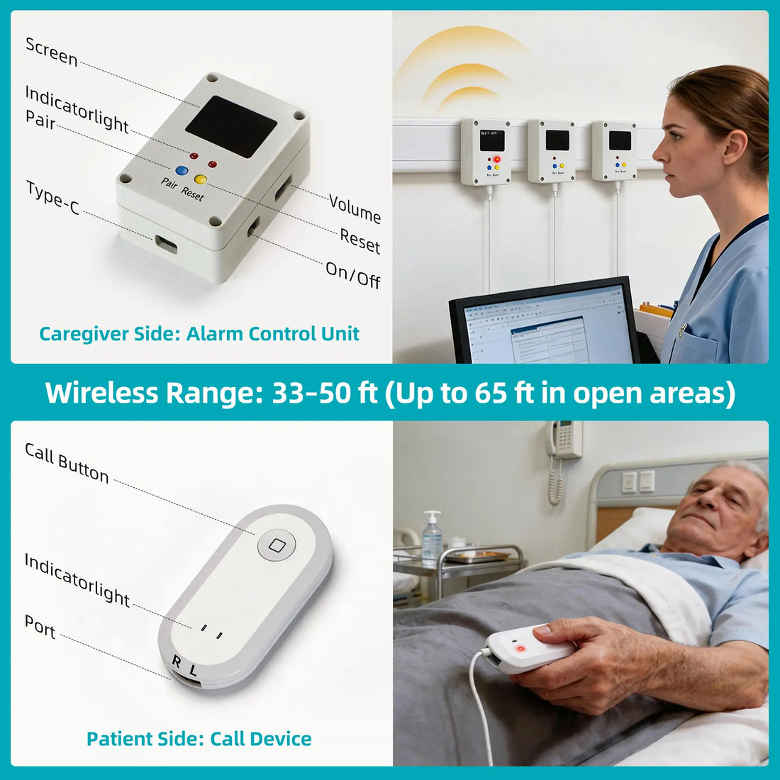 Bed alert control unit and patient call button with 33-to-50-foot wireless range