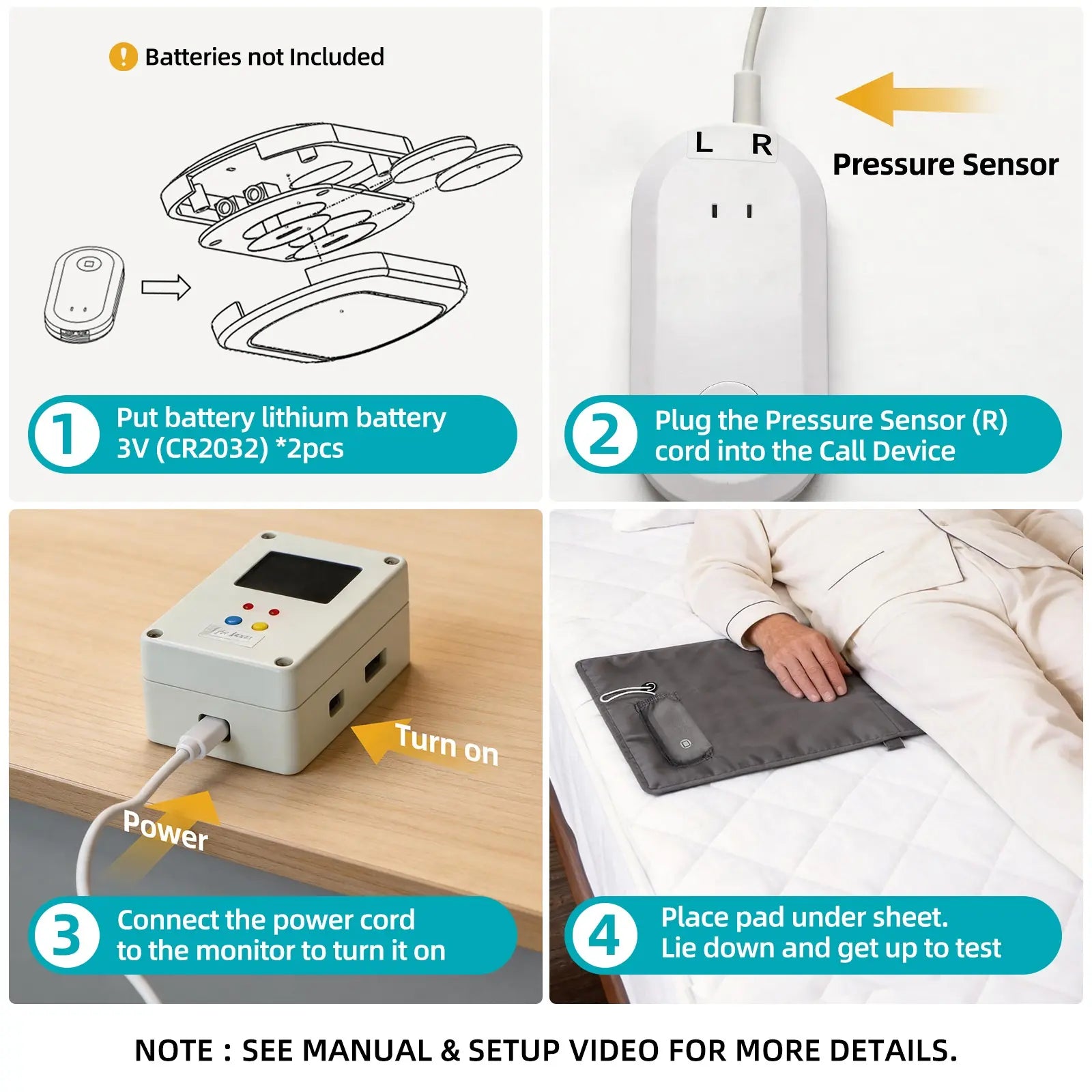 Four-step setup for the bed exit alert mat, call device and alarm monitor