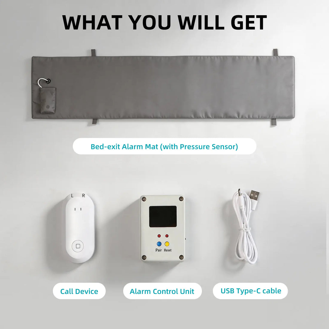 Bed alert kit with sensor mat, call device, alarm control unit and USB-C cable