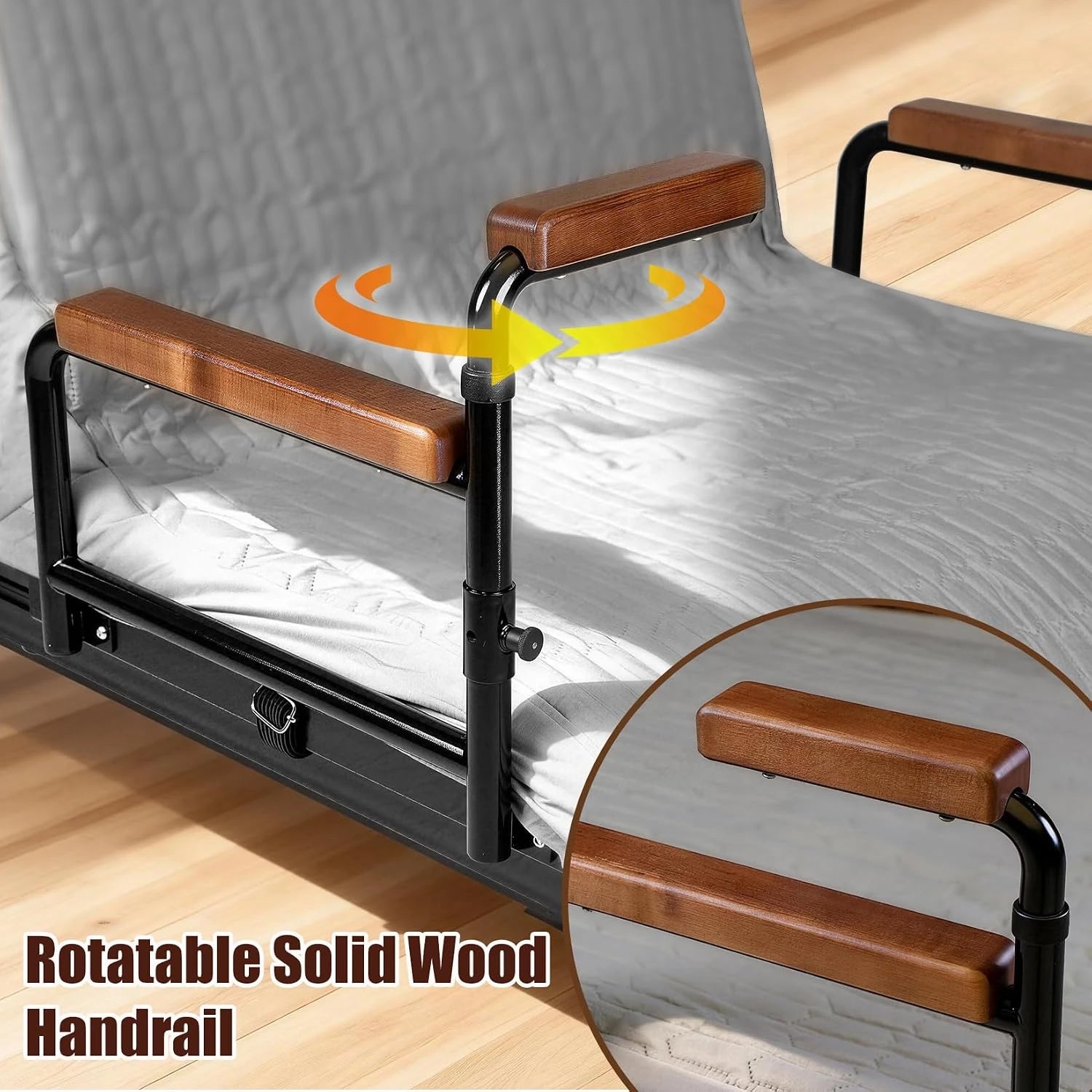 Close-up of the rotatable solid wood handrail with a 90-degree flip-up design.