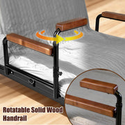 Close-up of the rotatable solid wood handrail with a 90-degree flip-up design.