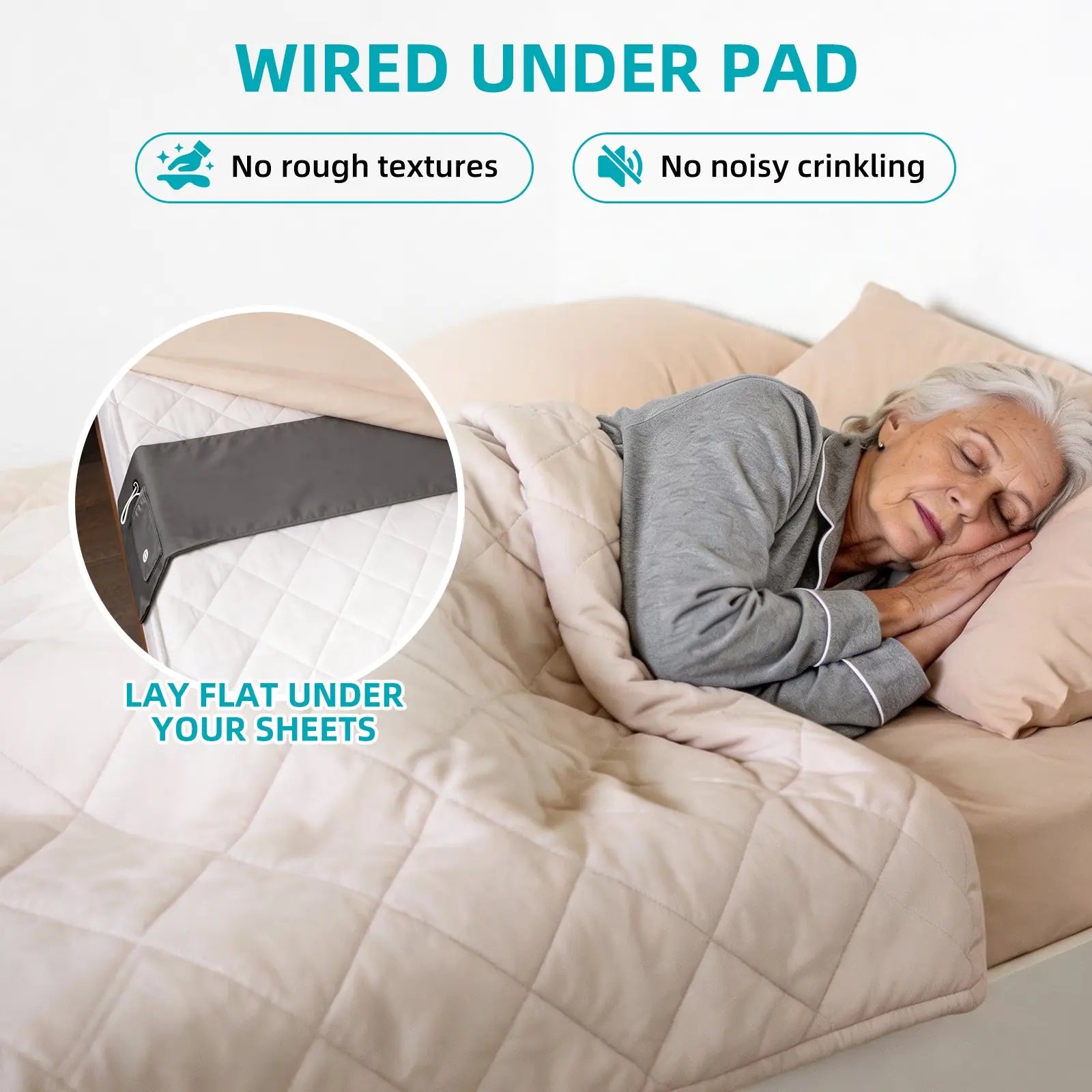 Soft wired bed sensor pad placed under a fitted sheet for quiet monitoring