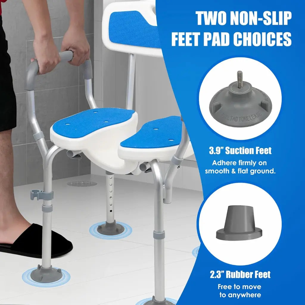 Bathroom safety shower seat for elderly  with non-slip feet pad choices on a blue background