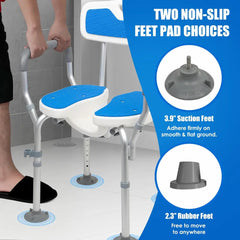 Bathroom safety shower seat for elderly  with non-slip feet pad choices on a blue background
