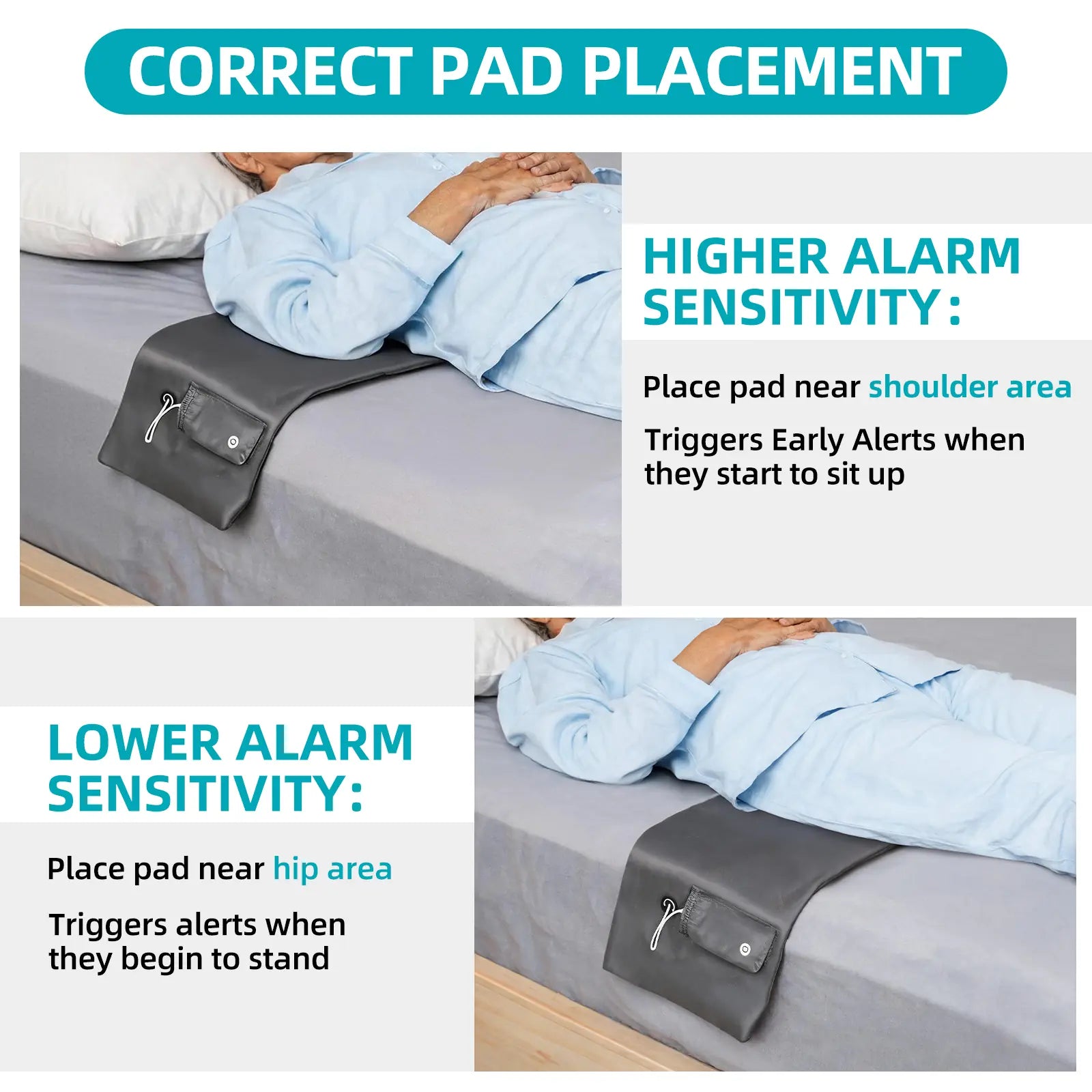 Bed sensor pad placement near the shoulders or hips for different alert sensitivity