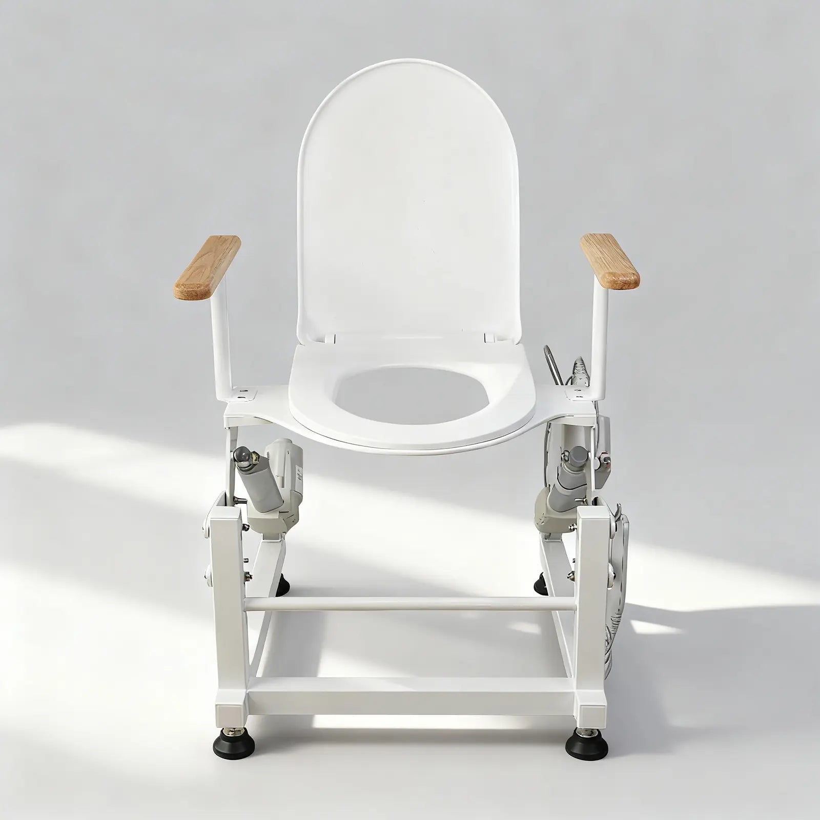 Single-Motor Electric Sit to Stand Lift Toilet Seat with Wooden Arms