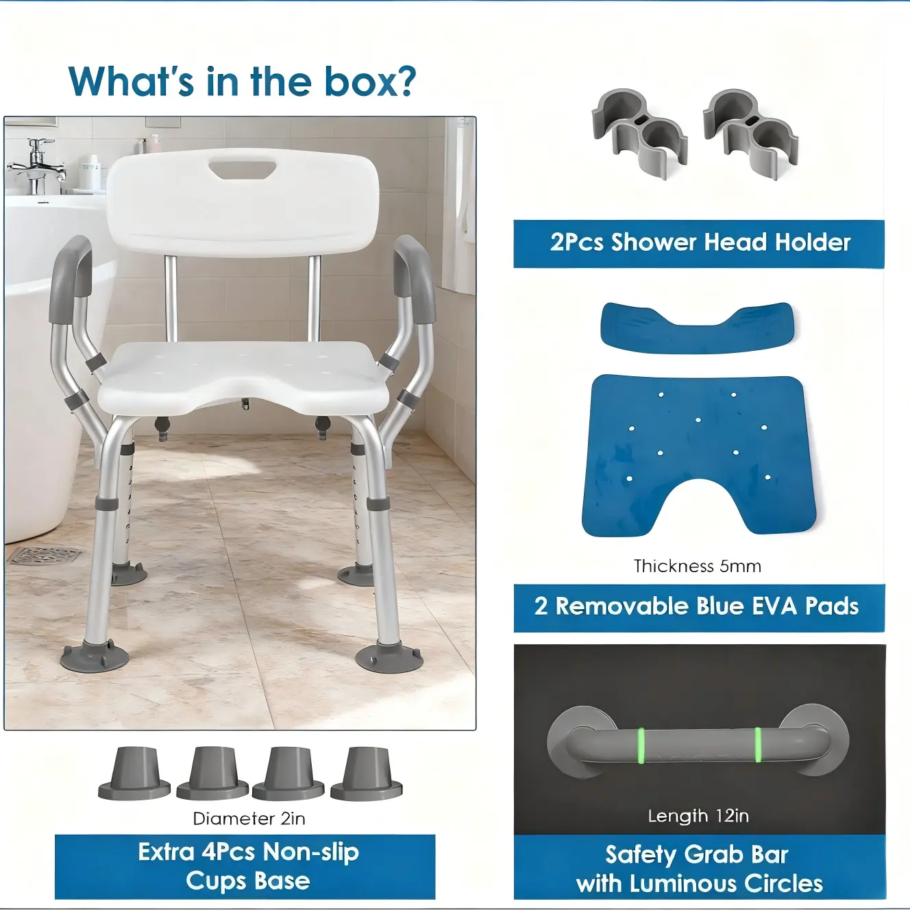 Heavy Duty Bathroom Shower Chair with Arms and Back
