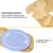 Close-up of the curved wooden transfer board's positioning notches and blue rotating seat disc, with arrows illustrating 360-degree rotation.