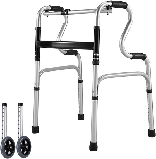 Foldable Walker for Seniors - Folding Walker with 2 Wheels, 8-Height Adjustable Aluminum Walkers, Stable Stand Up Walkers for Elderly, Stepped Handrail Assisted Getting Up Walker,Fixed&Flexible Modes