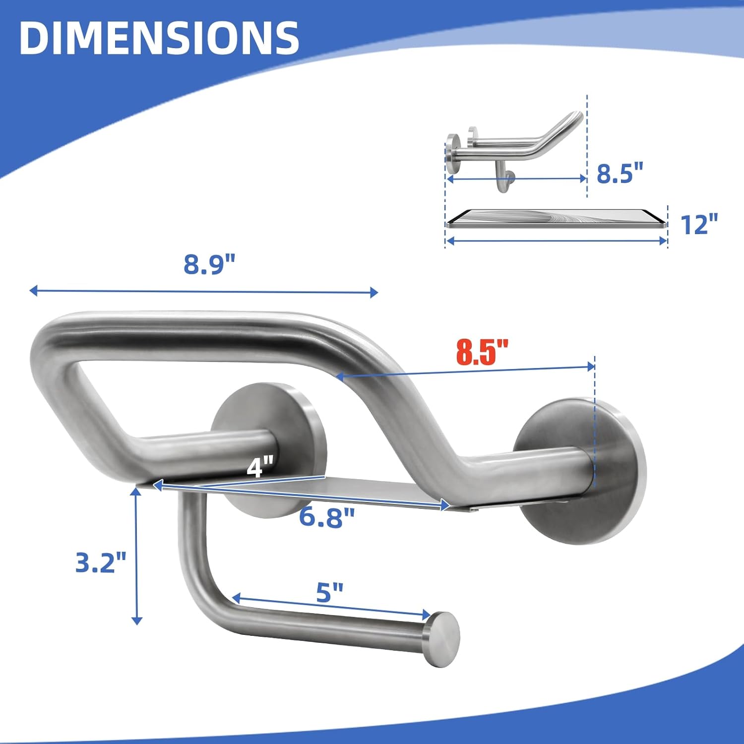 Grab Bar Toilet Paper Holder, 3-in-1 Bathroom Grab Bar with Toilet Holder and Phone Shelf, 304 Stainless Steel Safety Toilet Paper Grab Bar, Wall Mount Toilet Paper Holder