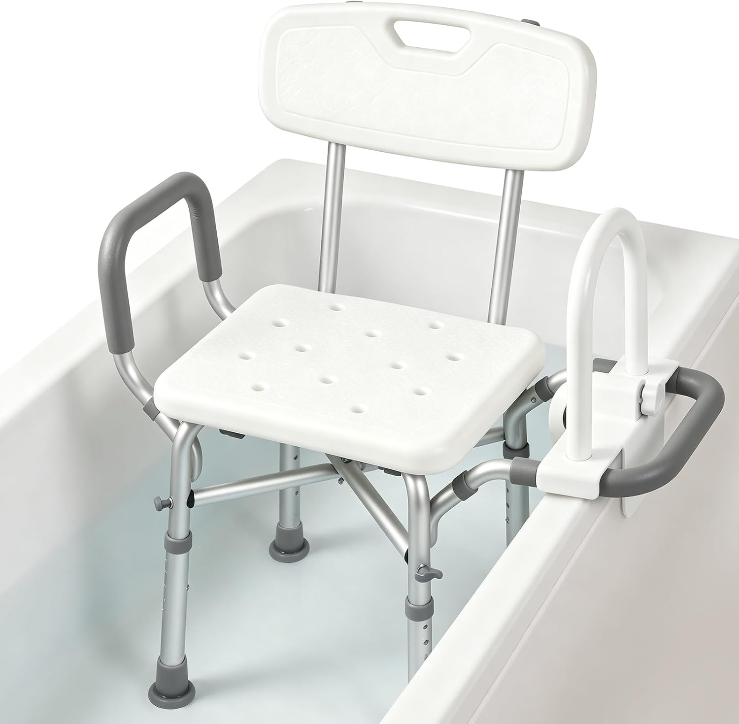 Shower chair for inside bathtub with grab bar and reversible armrests