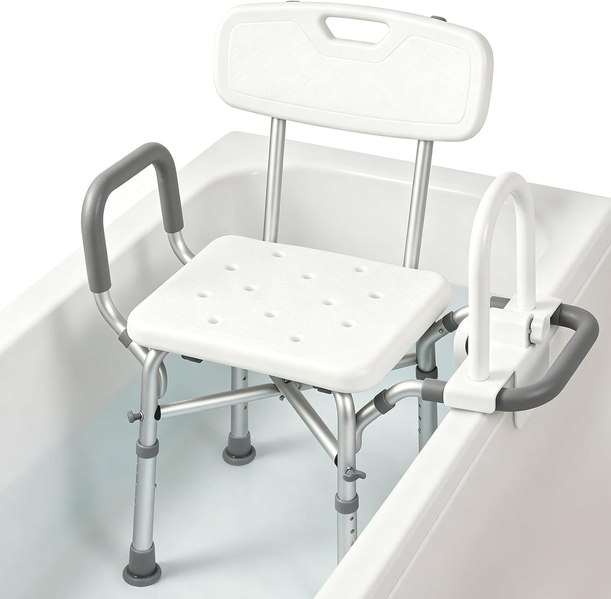 Shower chair for inside bathtub with grab bar and reversible armrests