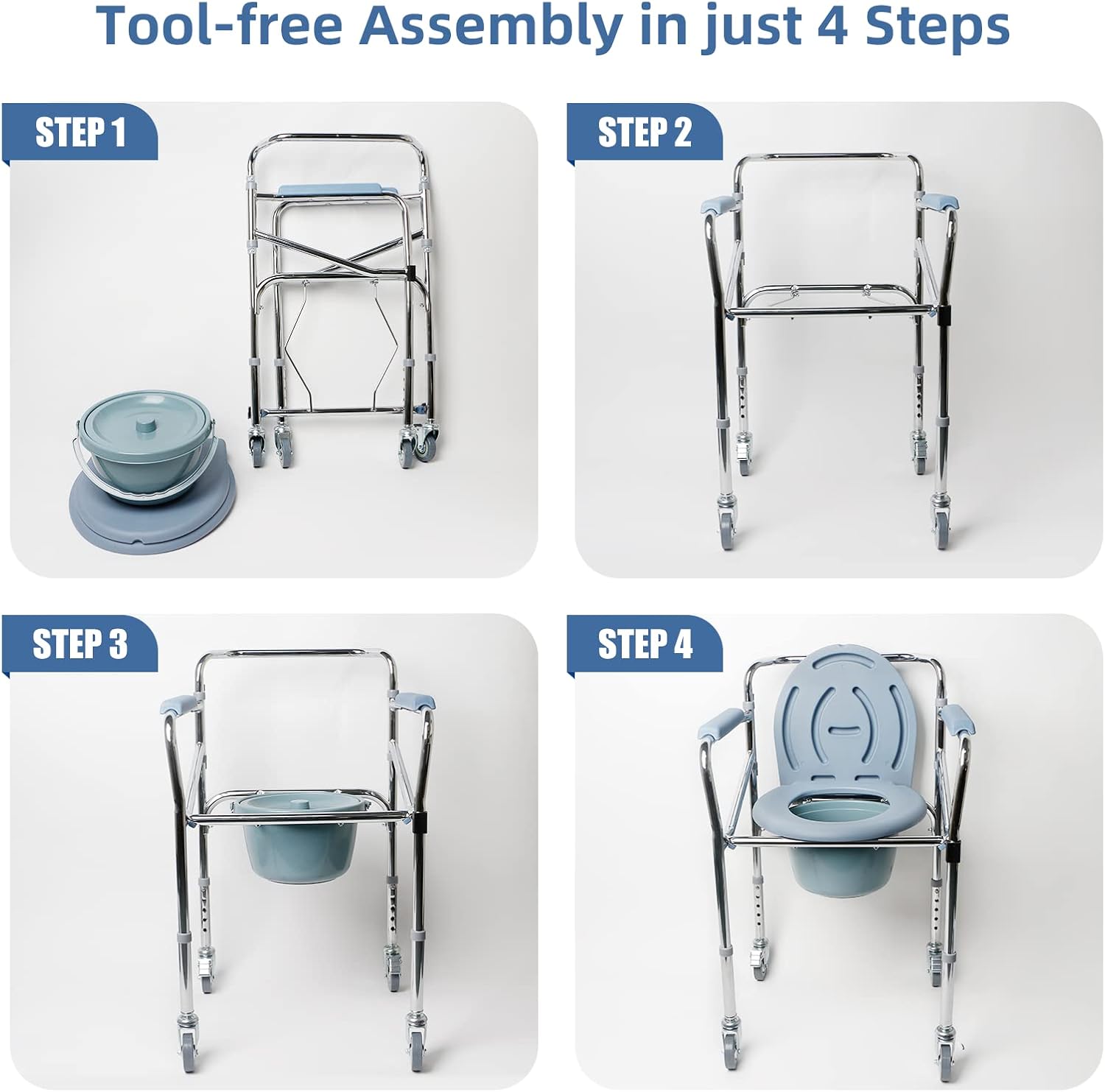 Bedside Portable Commode Chair with Wheels, Heavy Duty Steel Frame Portable Toilets with Adjustable Height