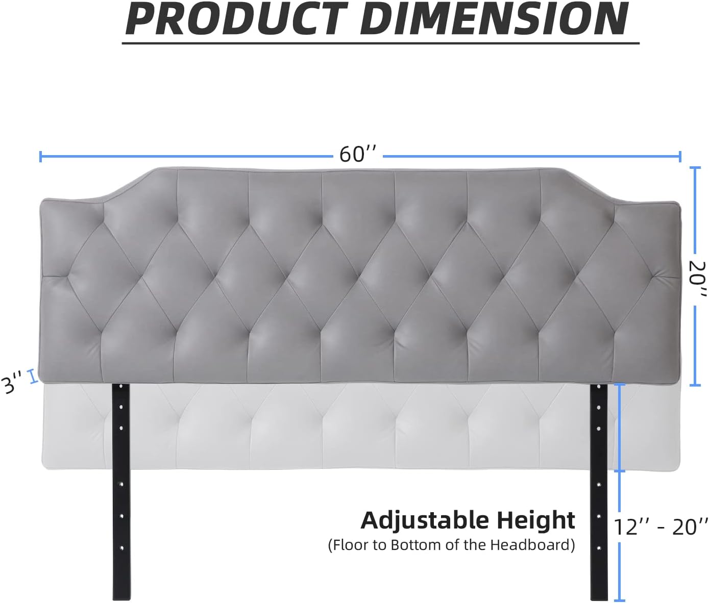 Upholstered Headboard Queen Size, Mid-Rise Diamond Tufted Headboard with Adjustable Height from 32” to 40”, Wall Mount & Frame Attach, Gray Queen Headboard, 60" L x 20" W