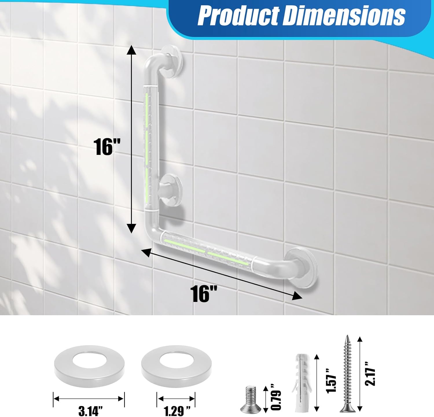 L Shaped Grab Bar for Wall, 16x16 Inch Angled Grab Bar with Luminous Strips and Luminous Rings, Handicap Grab Bar for Shower, Non-Slip Toilet Safety Rail, 660lbs, White