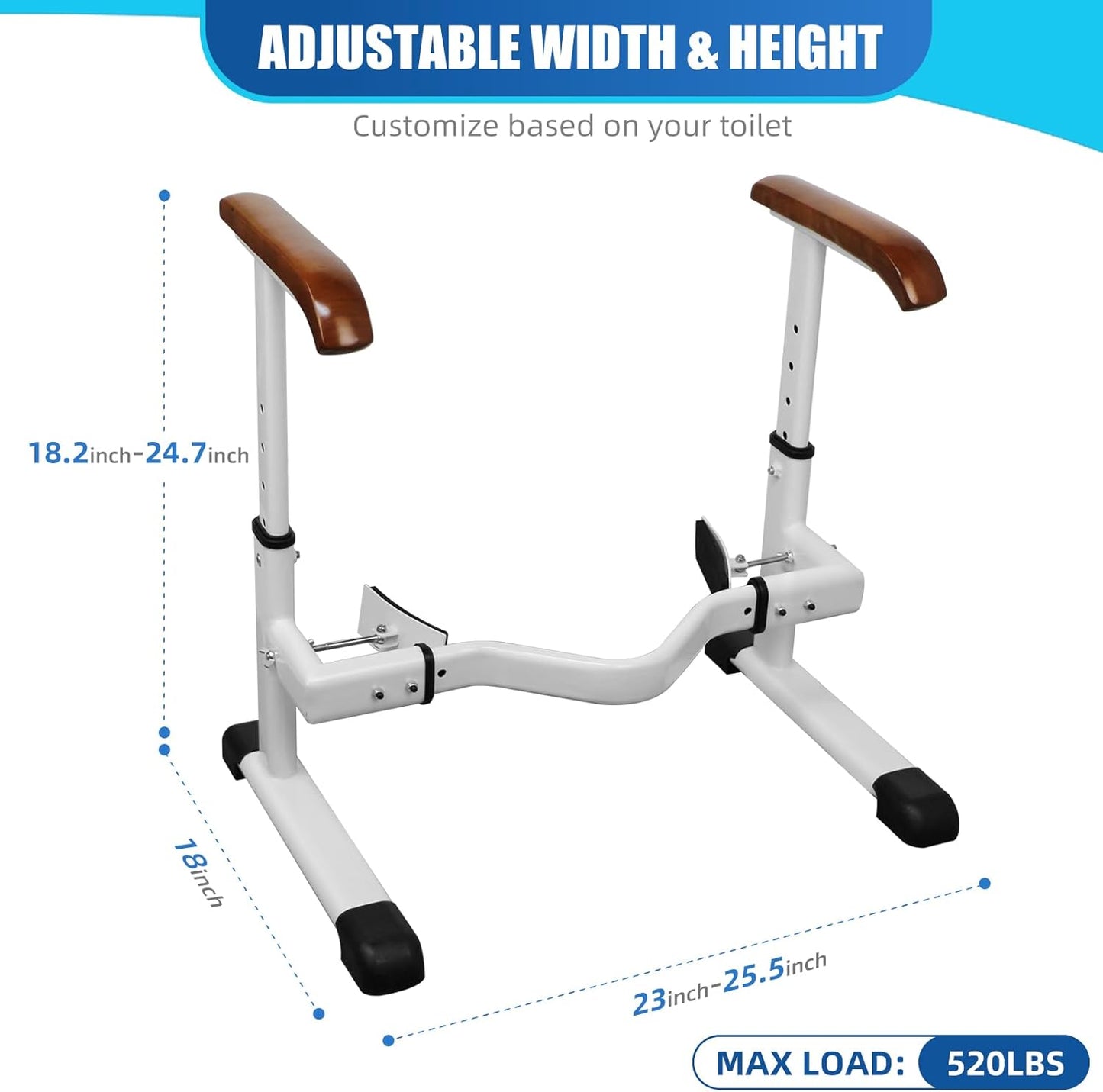 Toilet Safety Rails for Elderly Adjustable Height and Width Toilet Seat Rails with Solid Wood Handles & Steel Base, Suitable for Seniors and Disabled, 520 LBS Weight Capacity