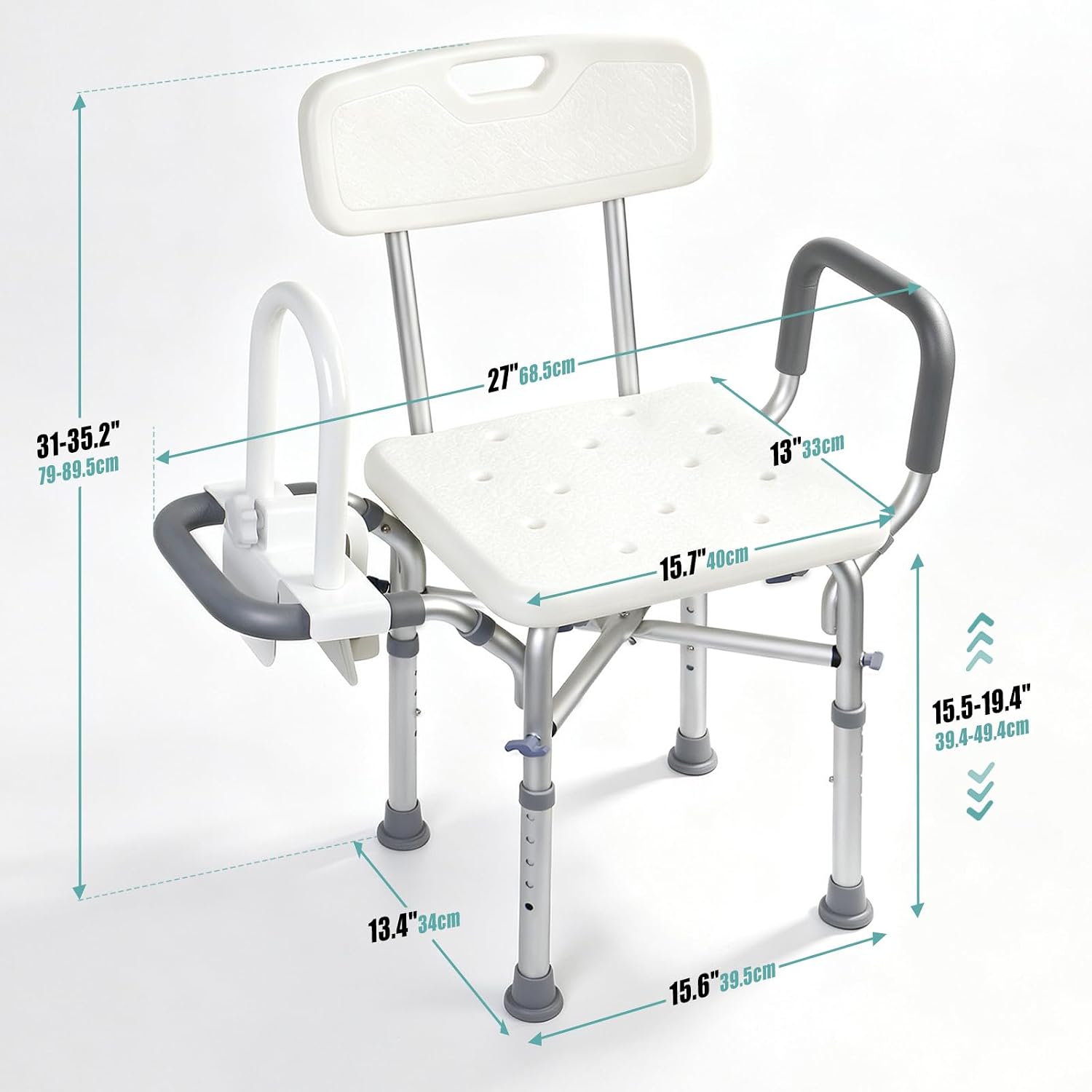 Shower chair with reversible armrests for safe transfers