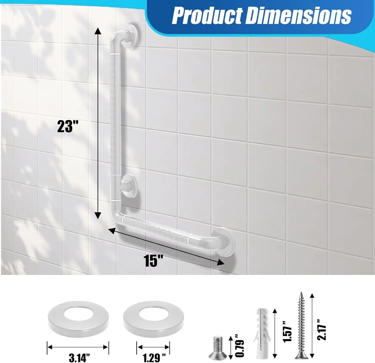 15x23 Inch L-Shaped Heavy Duty Non-Slip Wall Mount Handicap Grab Bar
