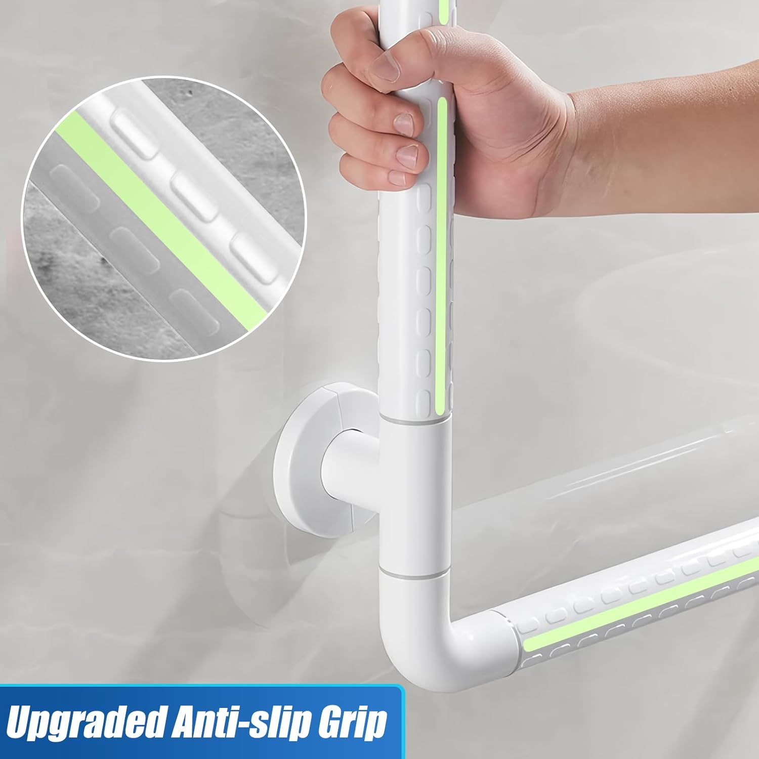 L Shaped Grab Bar for Wall, 16x16 Inch Angled Grab Bar with Luminous Strips and Luminous Rings, Handicap Grab Bar for Shower, Non-Slip Toilet Safety Rail, 660lbs, White