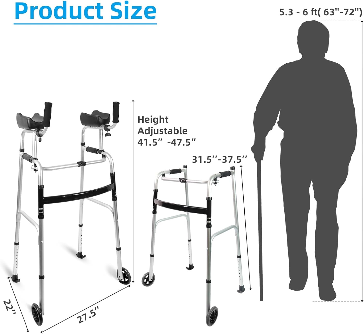 Foldable Stand Up Walker with Armrest Pad+2 Pack Universal Walker Wheels wih Bearings