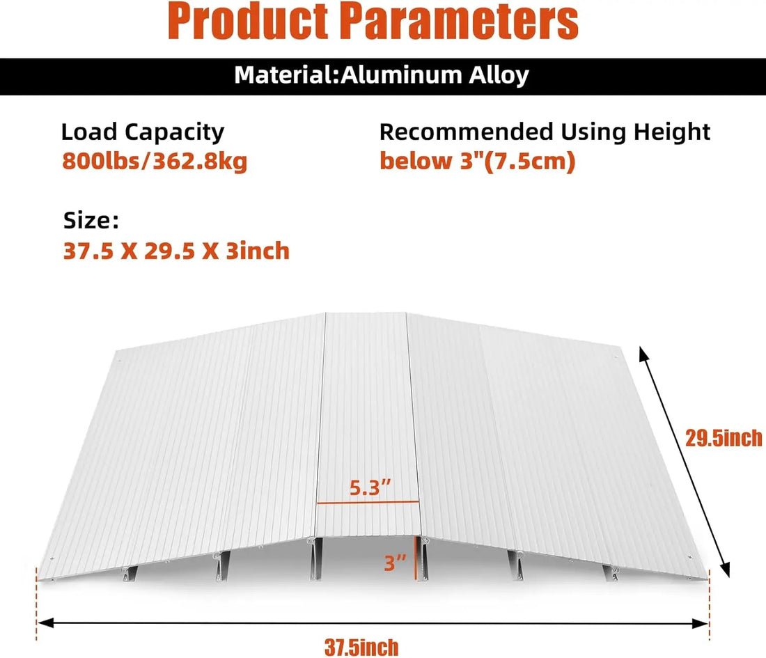 Product parameters for a metallic ramp with dimensions and material details.