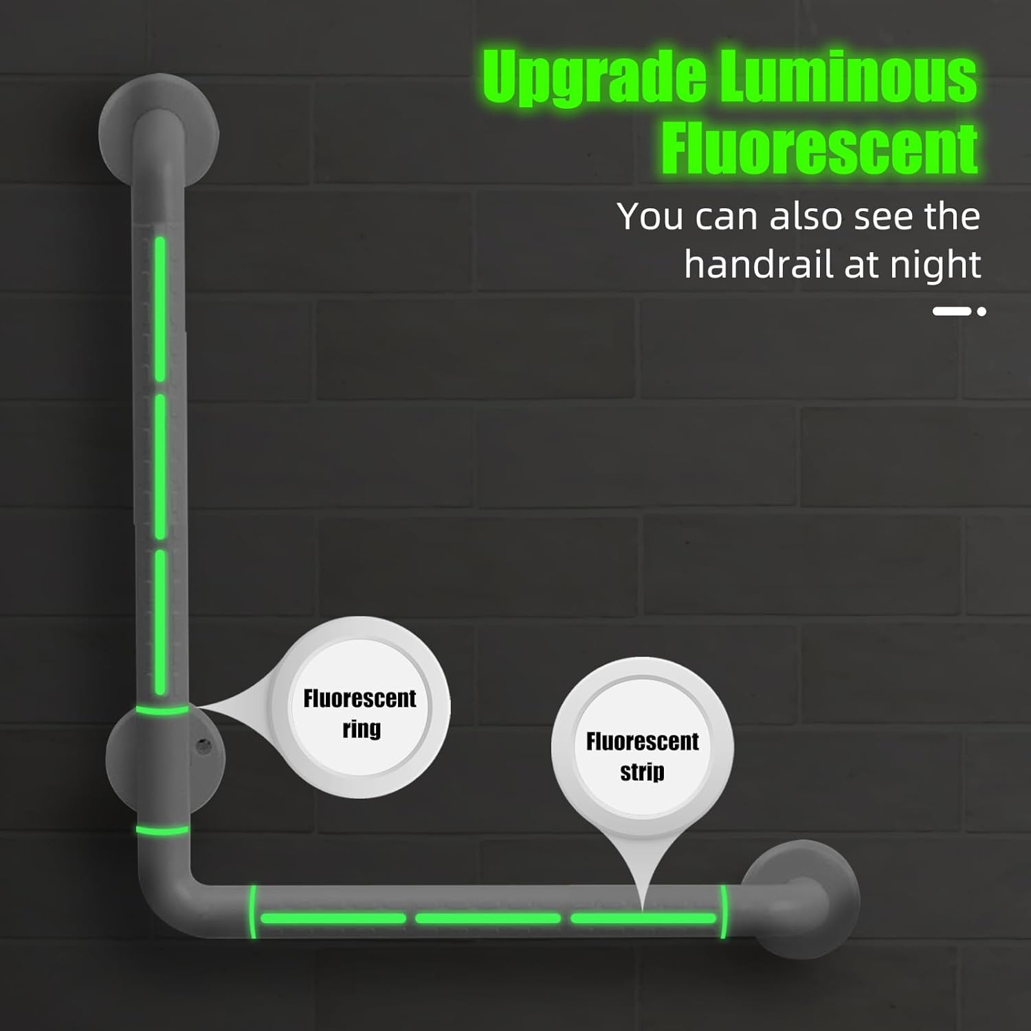 L Shaped Grab Bar for Wall, 16x16 Inch Angled Grab Bar with Luminous Strips and Luminous Rings, Handicap Grab Bar for Shower, Non-Slip Toilet Safety Rail, 660lbs, White