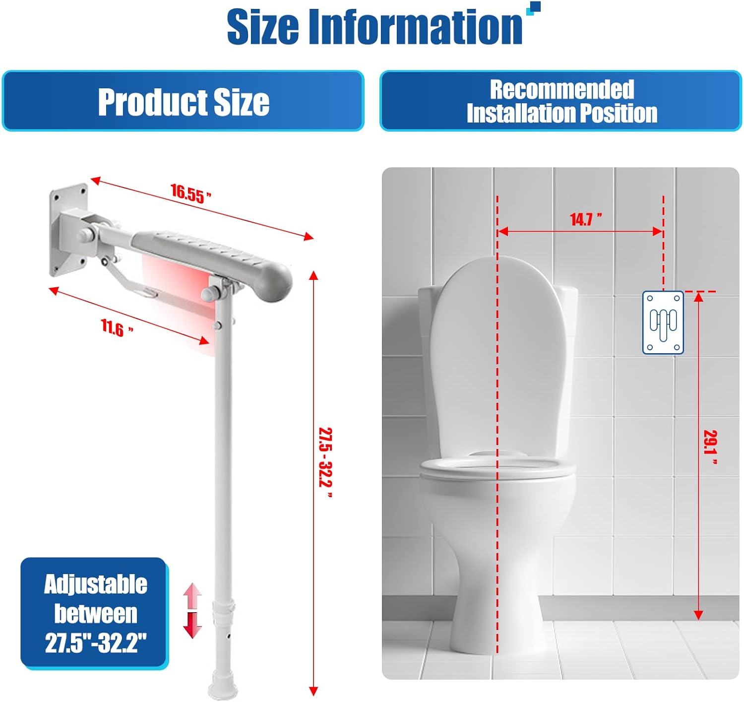 Premium 17 Inch Folding Grab Bar, Flip Up Grab Bar with Soft Rubber Cushion, Wall Mounted Grab Bar Extension with Leg, 28 Inch - 33 Inch Height Adjustable Wall to Floor Grab Bar, Handicap