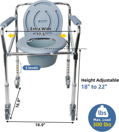 Bedside Commode Chair with Wheels, Heavy Duty Steel Frame Portable Toilets for Elderly with Adjustable Height, Bedside Commodes for Seniors, Portable Commode for Elderly