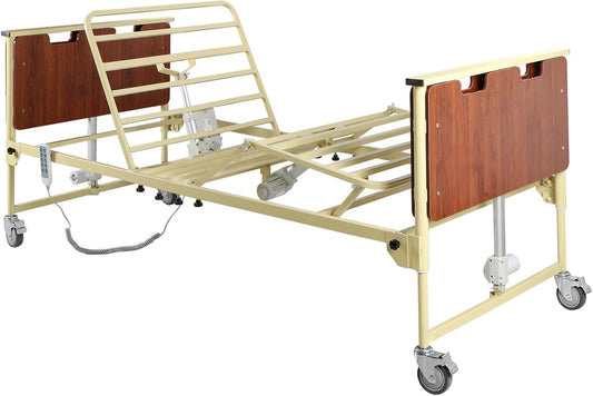 5 Function Electric Hospital Bed, Hi Low 10"-24.5" Height, 600 LBS Capacity Medical Bed with Wooden Headboard, Adjustable Hospital Beds for Home Use, 80" L x 36" W (Without Mattress)