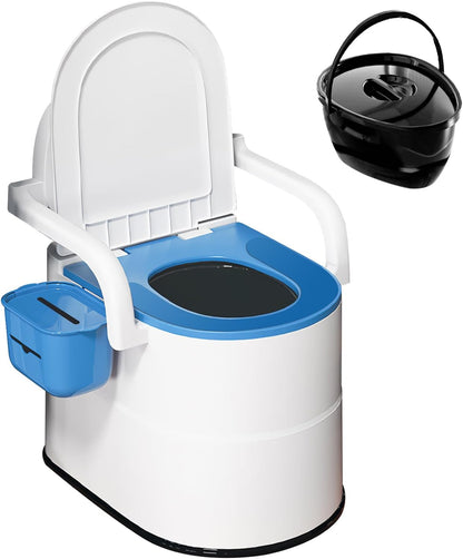 Bedside Commode Toilet for Elderly, Portable Toilet for Adults with Full-Surround Anti-Slip, Armrests, PU Leather Seat, Double Layer Odor Sealed, Bedside Commode Chair for Toilet with Arms, Blue