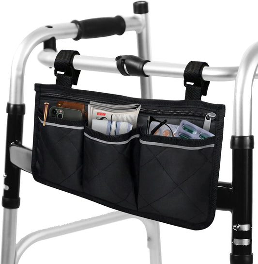 Walker Bags for Folding Walker - Durable Walker Baskets for Rolling Folding Walker with Reflective Strips, Universal Walker Bag Wheel Chair Accessories Bag, Two Adjustable Velcro Straps, Black