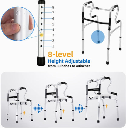 Foldable Walker for Seniors - Folding Walker with 2 Wheels, 8-Height Adjustable Aluminum Walkers, Stable Stand Up Walkers for Elderly, Stepped Handrail Assisted Getting Up Walker,Fixed&Flexible Modes