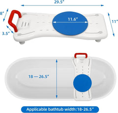 White bathtub seat with red handle and measurements on a white background