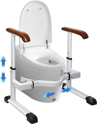 Toilet Safety Rails for Elderly Adjustable Height and Width Toilet Seat Rails with Solid Wood Handles & Steel Base, Suitable for Seniors and Disabled, 520 LBS Weight Capacity