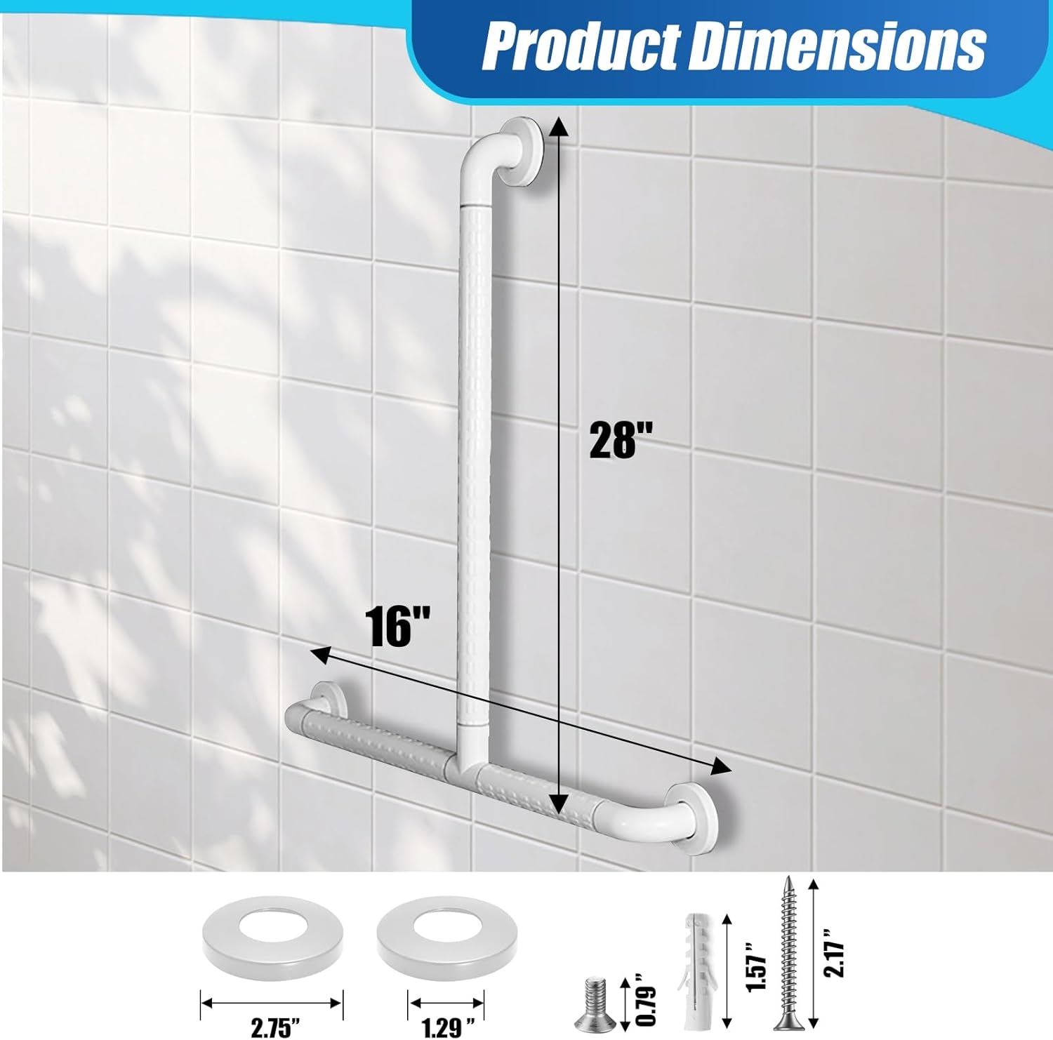 T Shaped Grab Bar for Wall, 16x28 Inch Angled Grab Bar with and Luminous Rings, Handicap Grab Bar for Shower, Grab Bar Extension, Non-Slip Toilet Safety Rail, 660lbs, White