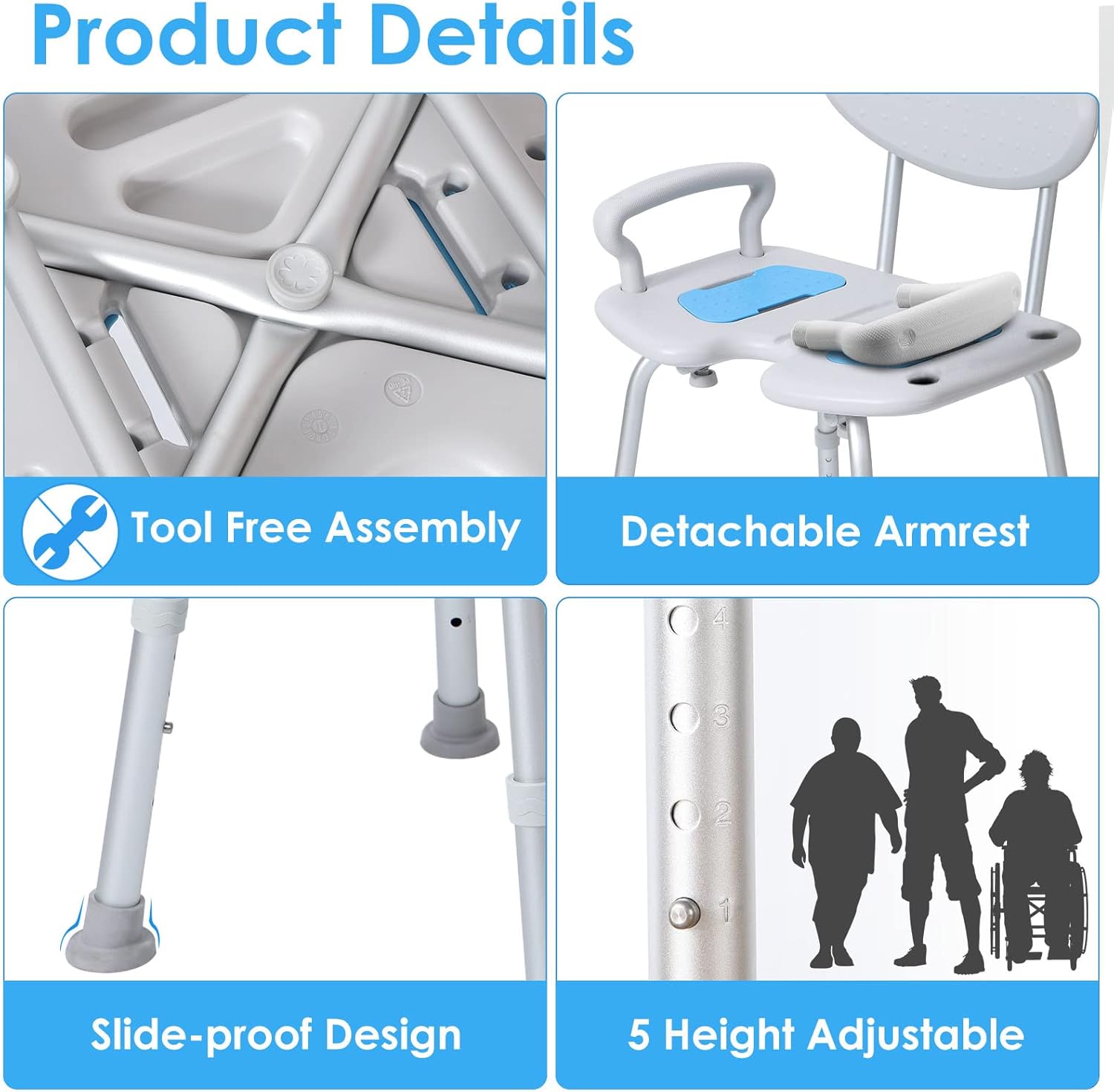 Extra Wide 23-Inch Shower Chair with Arms and Back, Heavy Duty Shower Chair with Cutout Seat for Inside Shower, 350lbs Capacity