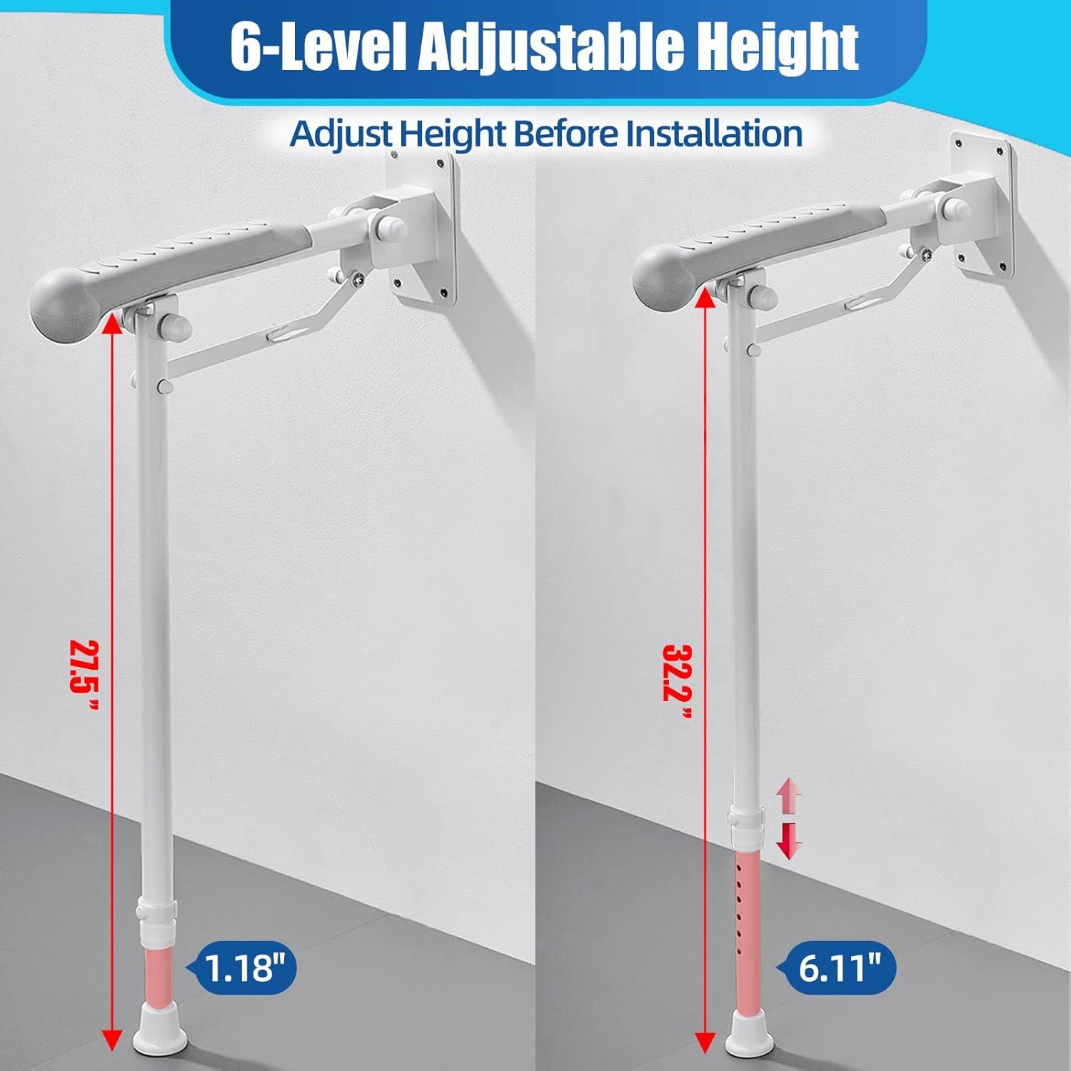 Premium 17 Inch Folding Grab Bar, Flip Up Grab Bar with Soft Rubber Cushion, Wall Mounted Grab Bar Extension with Leg, 28 Inch - 33 Inch Height Adjustable Wall to Floor Grab Bar, Handicap