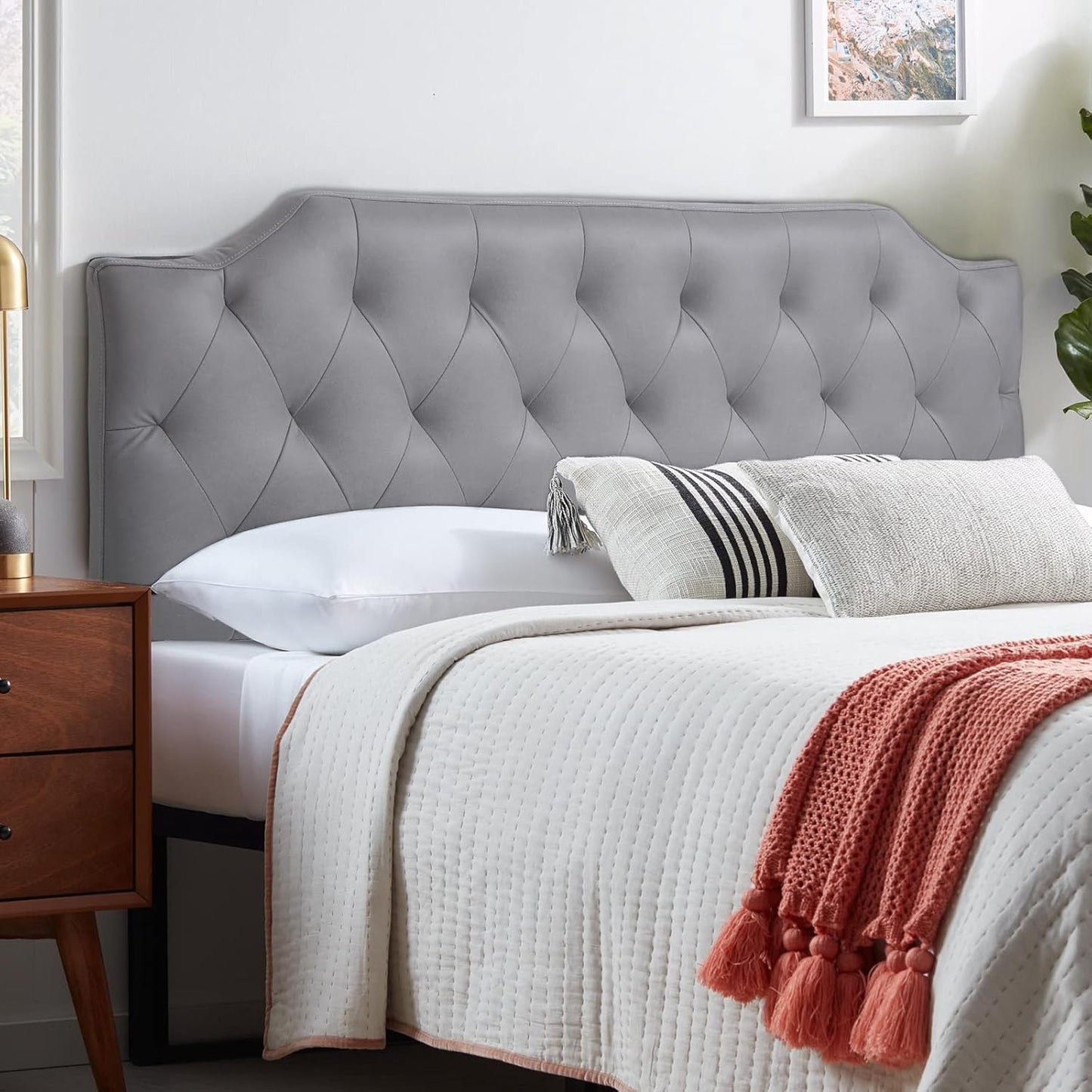 Upholstered Headboard Queen Size, Mid-Rise Diamond Tufted Headboard with Adjustable Height from 32” to 40”, Wall Mount & Frame Attach, Gray Queen Headboard, 60" L x 20" W