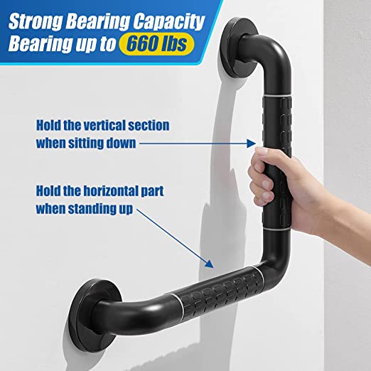 L-Shaped Bathroom Black Shower Grab Bar with Luminous Rings