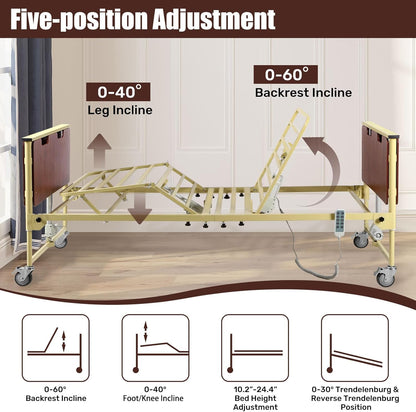 5 Function Electric Hospital Bed, Hi Low 10"-24.5" Height, 600 LBS Capacity Medical Bed with Wooden Headboard, Adjustable Hospital Beds for Home Use, 80" L x 36" W (Without Mattress)