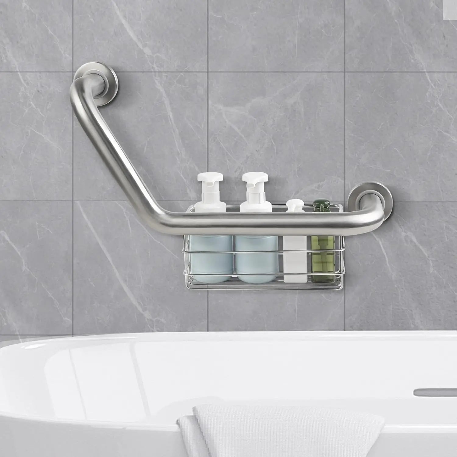 Bathroom Angled Grab Bar with Storage Basket